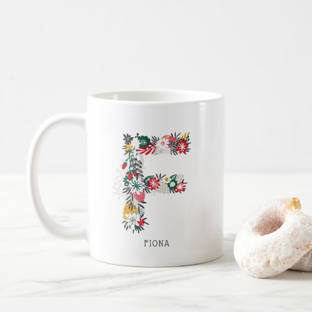 Caneca De Café Letra F | Whimsical Floral - Letra Monograma I Mug (Com Donut)