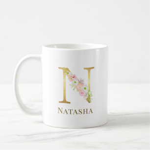 Caneca De Café Letra floral e Dourada com aquarela e monograma