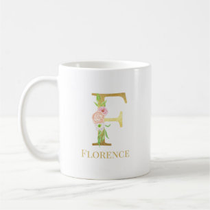 Caneca De Café Letra floral e Dourada com aquarela e monograma