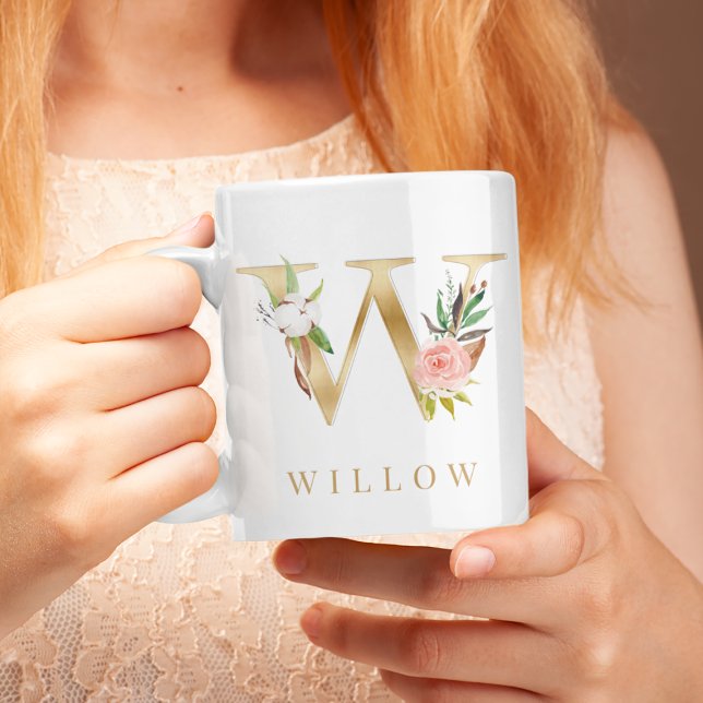 Caneca De Café Letra floral e Dourada W monograma (Criador carregado)
