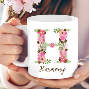 Caneca De Café Letra Floral Personalizada H Monograma Flor Rosa