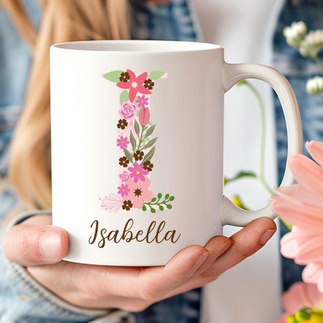 Caneca De Café Letra Floral Personalizada I Monograma Flor Rosa (Personalized Monogram Floral Letter I Coffee Mug)