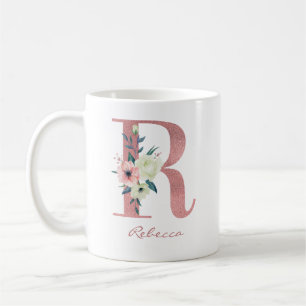 Caneca De Café Letra floral R inicial - Buquê rosa e marfim