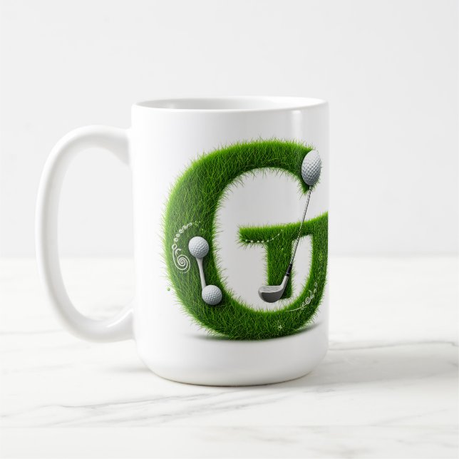 Caneca De Café Letra G de grama verde com bola de golfe e taco (Esquerda)