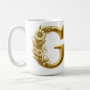 Caneca De Café Letra G dourada luxuosa com desenho de margaridas 