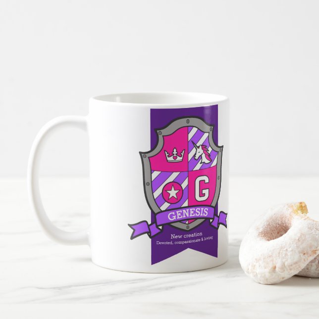 Caneca De Café Letra Gênesis G crest nome unicórnio rosa (Com Donut)