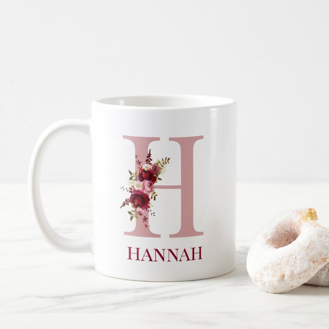 Caneca De Café Letra H Floral Borgonha Bege (Com Donut)