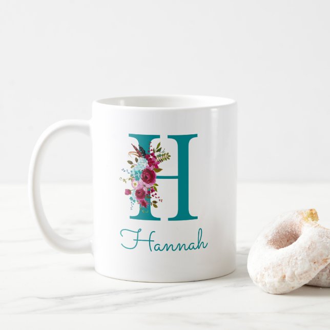 Caneca De Café Letra H Floral Verde Azul Rosa (Com Donut)