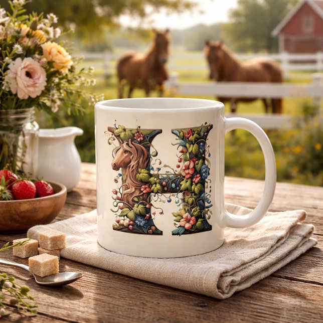 Caneca De Café Letra H Horse e Flor Vine (Criador carregado)