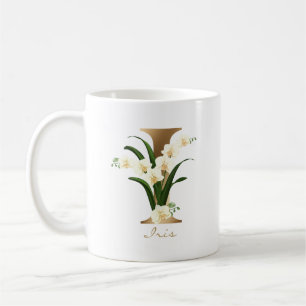 Caneca De Café Letra I Monograma Dourado   Orquídeas Florais Bran