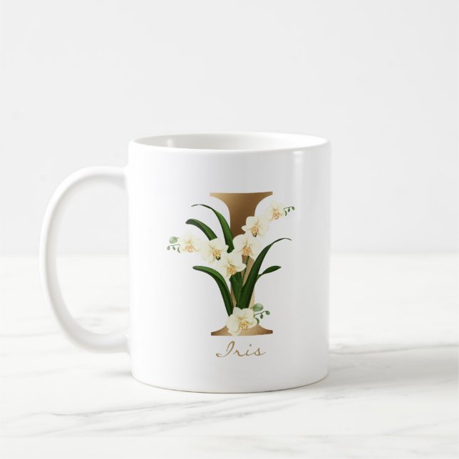 Caneca De Café Letra I Monograma Dourado | Orquídeas Florais Bran (Esquerda)