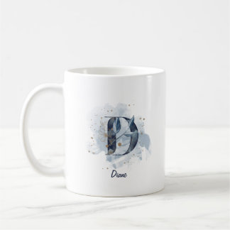 Caneca De Café Letra Inicial D Personalizada em Aquarela Azul