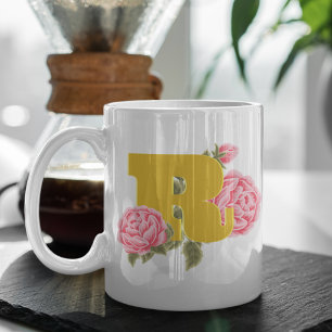 Caneca De Café Letra Inicial do Monograma do Nome do Casal Rosa F
