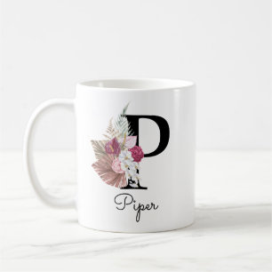 Caneca De Café Letra Inicial Floral Boho Rosa Monograma P