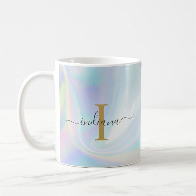 Caneca De Café Letra Inicial Monograma Holográfica Mãe Moderna (Esquerda)