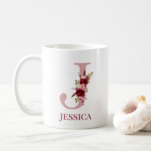 Caneca De Café Letra J Burgundy Blush Floral (Com Donut)