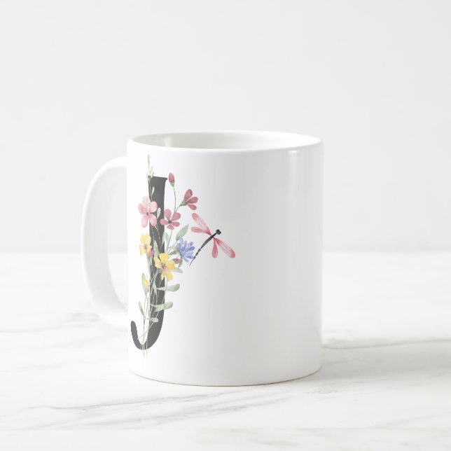 Caneca De Café Letra J com flores (Frente Esquerda)
