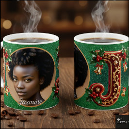 Caneca De Café Letra J de Natal Vermelho Veludo Luxo Dourado