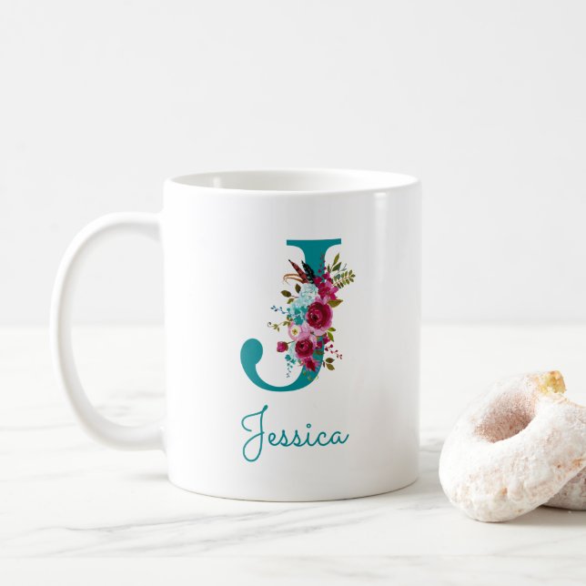 Caneca De Café Letra J Floral Rosa Turquesa (Com Donut)