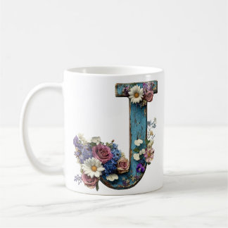 Caneca De Café Letra J Floral Rústica Vintage