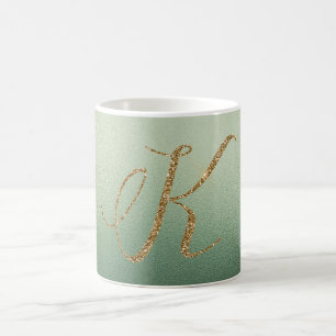 Caneca De Café Letra K Brilho Dourado Verde Oliva