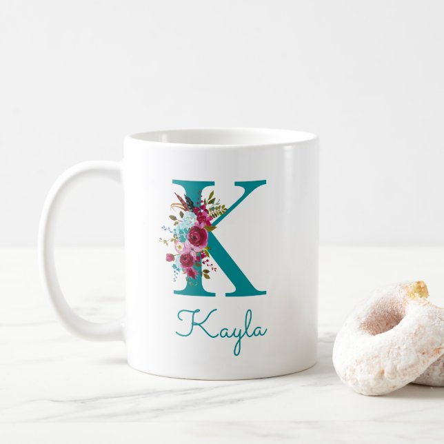 Caneca De Café Letra K Floral Verde Azul Rosa (Com Donut)