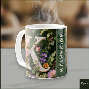 Caneca De Café Letra K Monograma de Jardim Floral Branco