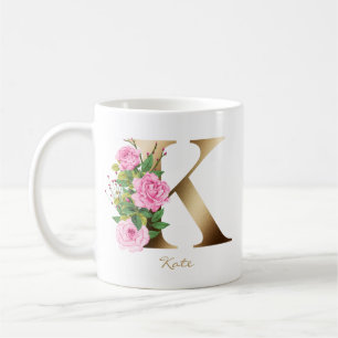 Caneca De Café Letra K Monograma Dourado   Rosas Rosa Floral