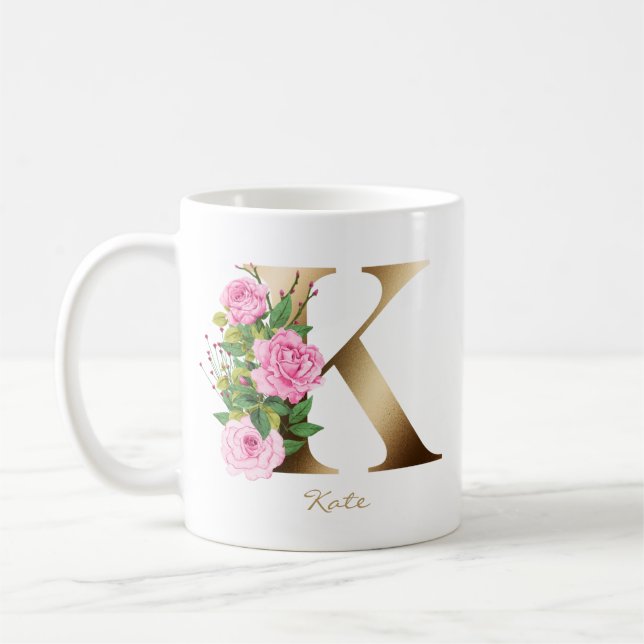 Caneca De Café Letra K Monograma Dourado | Rosas Rosa Floral (Esquerda)