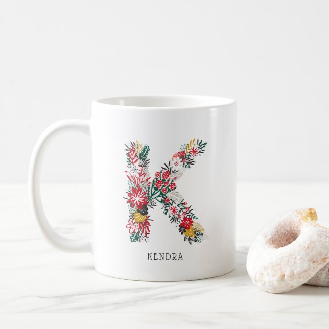 Caneca De Café Letra K | Whimsical Floral - Letra Monograma I Mug (Com Donut)