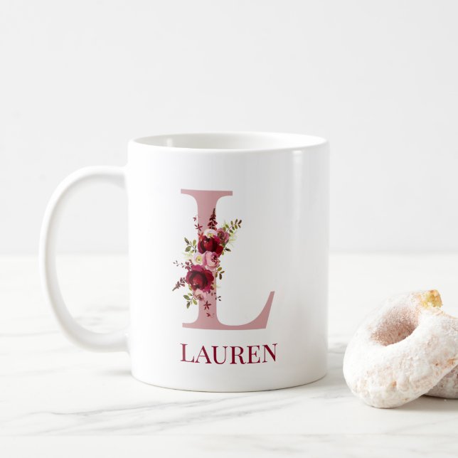 Caneca De Café Letra L Burgundy Blush Floral (Com Donut)