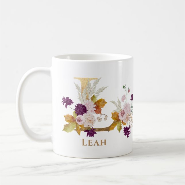 Caneca De Café Letra L - Nome Floral Dourado amigo colega de trab (Esquerda)