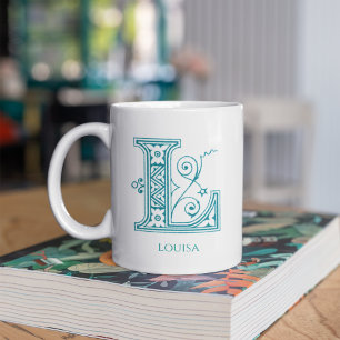 Caneca De Café Letra L Teal Monograma Nome Moderno Café Mug
