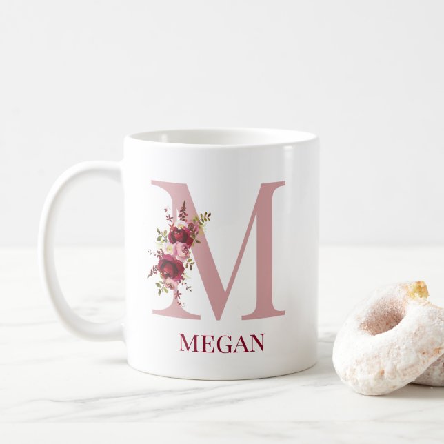 Caneca De Café Letra M Burgundy Blush Floral (Com Donut)