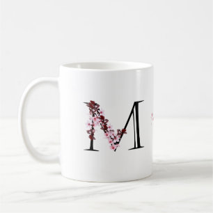 Caneca De Café Letra M, Cherry Blossom   Monograma Script Name Co