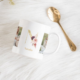 Caneca De Café Letra Moderna Dourada Flor N | Dois Monogramas fot