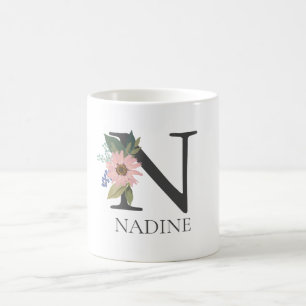 Caneca De Café Letra Moderna Floral Personalizável Monograma N