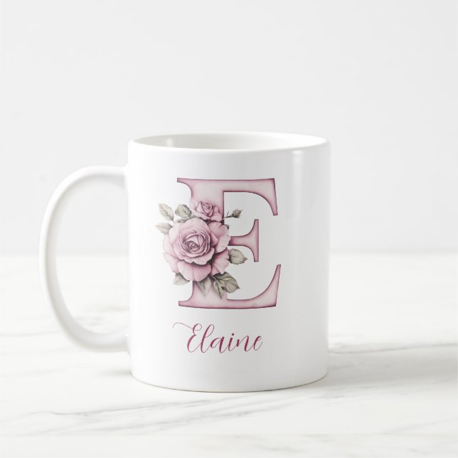 Caneca De Café Letra monográfica plana rosa personalizada E (Esquerda)