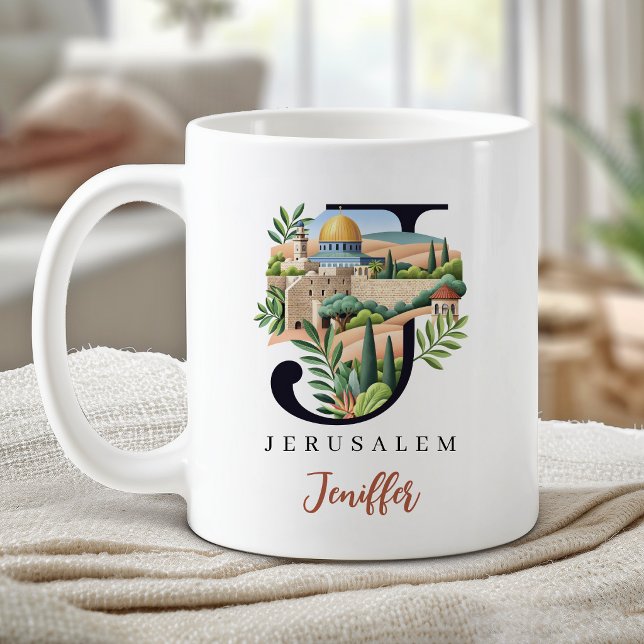Caneca De Café Letra Monograma de Jerusalém J Presente Personaliz (Jerusalem Monogram Letter J Personalized Gift Coffee Mug)