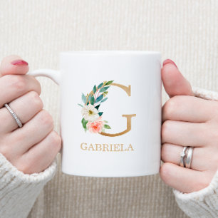 Caneca De Café Letra Monograma Dourada G  Verde Cor-de-rosa-claro