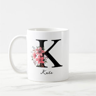 Caneca De Café Letra Monograma Floral K Margaret Nome Personaliza