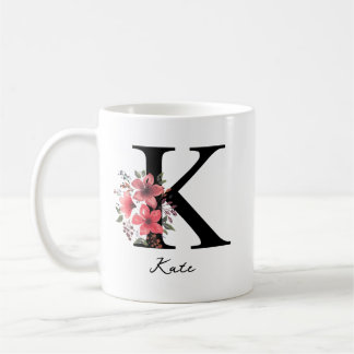 Caneca De Café Letra Monograma Floral K Margaret Nome Personaliza