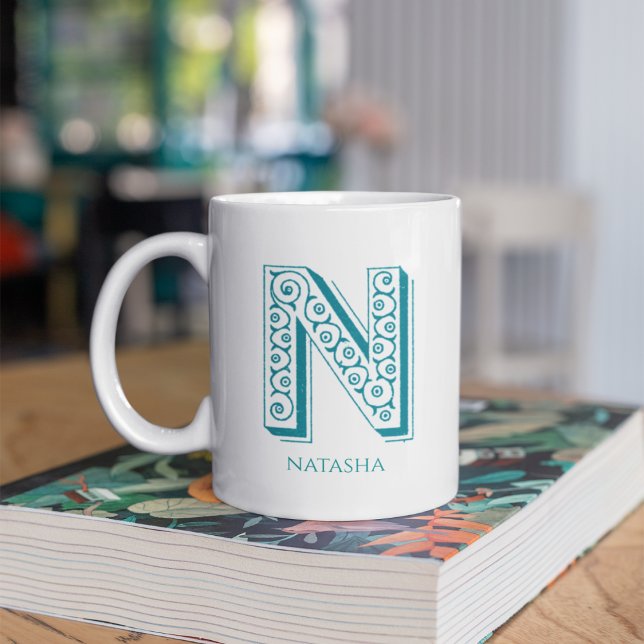 Caneca De Café Letra N Teal Monograma Nome Moderno (Criador carregado)