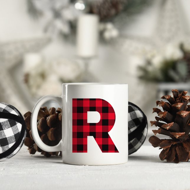 Caneca De Café Letra Negra Xadrez Bold Vermelha e Negra Letra R M (Letter R Monogram Christmas Coffee Cup)