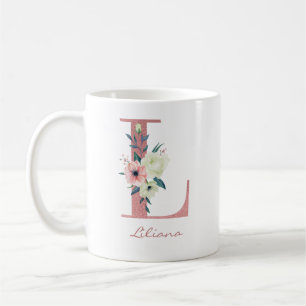 Caneca De Café Letra oral Elegante L rosa e Buquê de marfim
