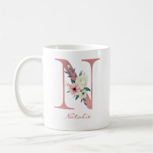 Caneca De Café Letra oral Elegante N rosa e Buquê de marfim