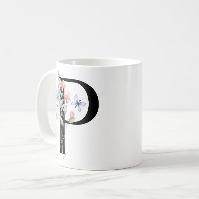 Caneca De Café Letra P com flores (Frente Esquerda)