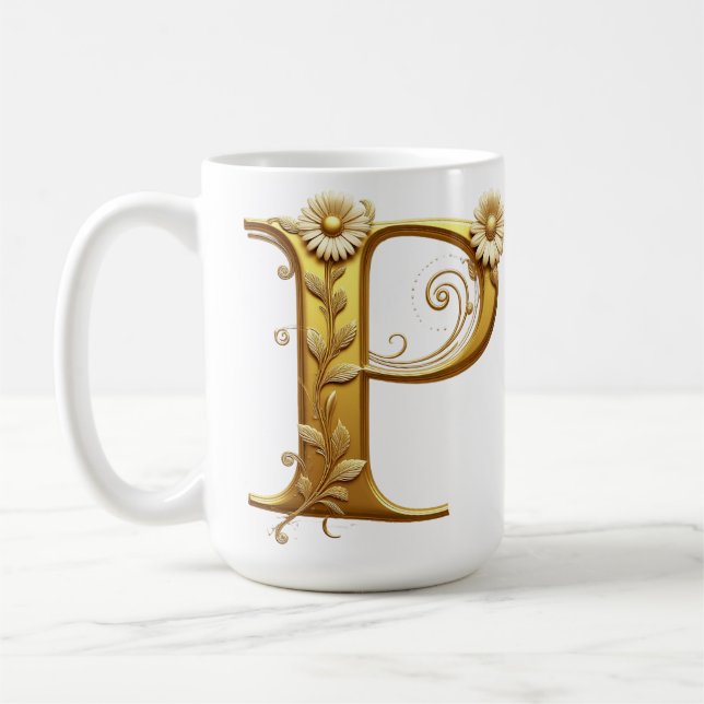 Caneca De Café Letra P Dourada Elegante Com Embelezamentos Florai (Esquerda)