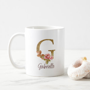 Caneca De Café Letra Personalizada G Folha Dourada Rosas Rosa Des