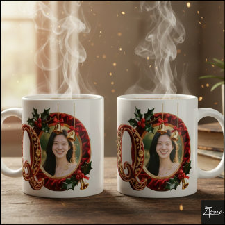 Caneca De Café Letra Q de Natal Vermelho Veludo Dourado Luxuoso